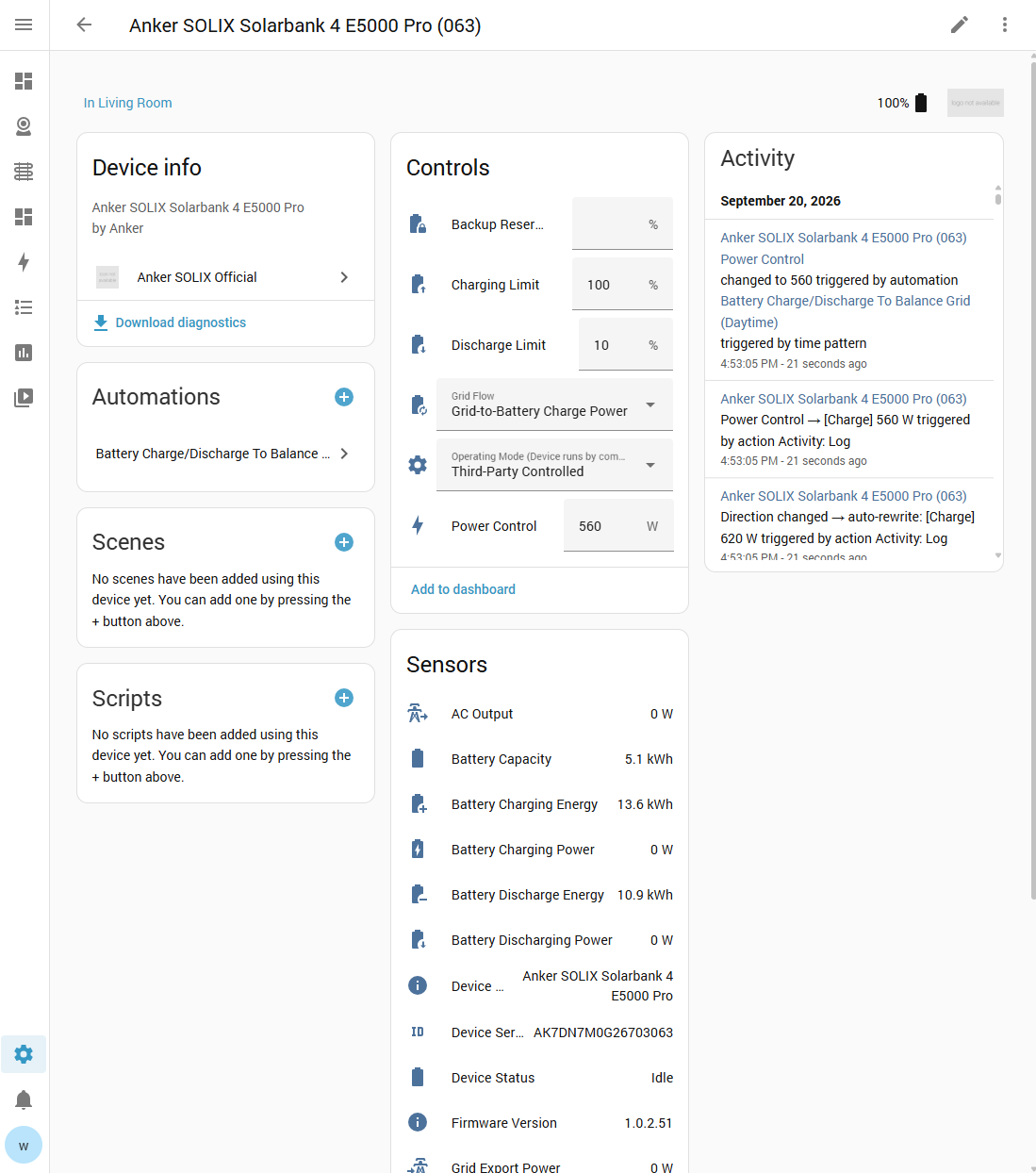 Home Assistant device page for an Anker SOLIX solar battery with sensors